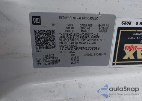 2021 Chevrolet Express Cargo Rwd 2500 Regular Wheelbase Wt z USA, uszkodzony, nr VIN 1GCWGAFP8M1302619